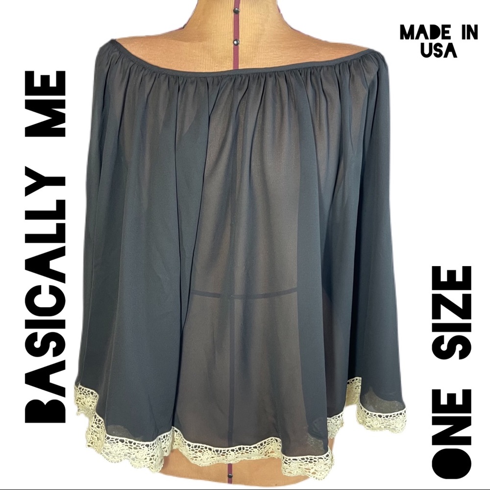 Basically Me Black Poncho Top Blouse with Cream Crochet Trim One Size O/S